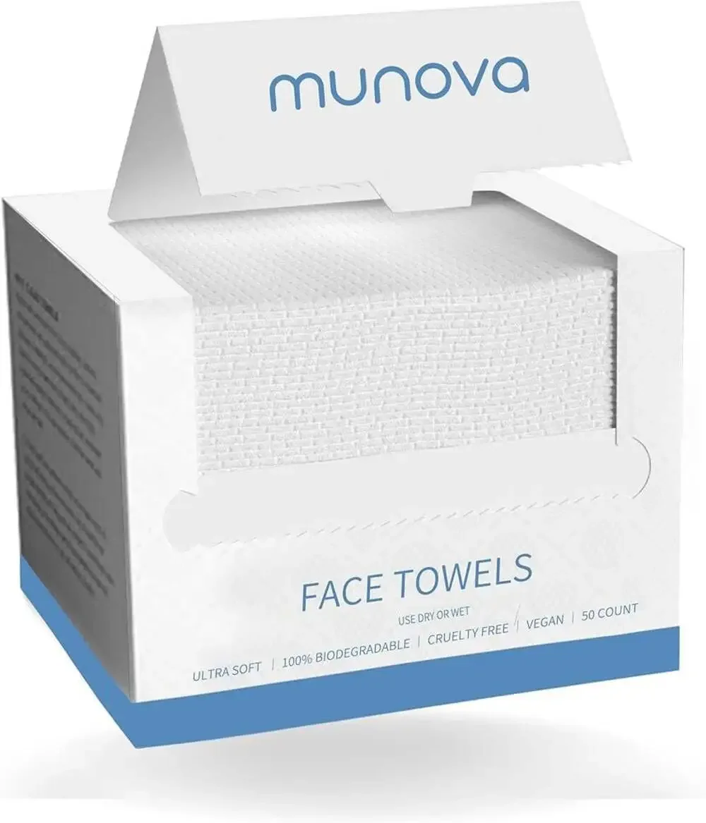 Munova Disposable Face Towels XL, 50 Count Biodegradable Facial Cleansing‎ Wipes